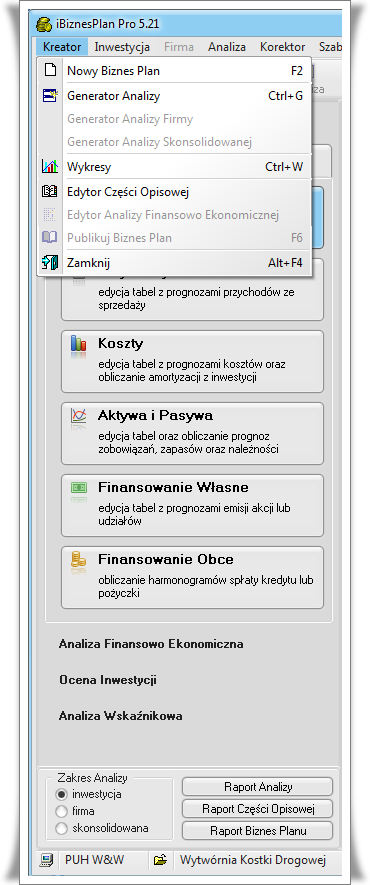 Okno gł&oacute;wne programy iBiznesPlan Pro